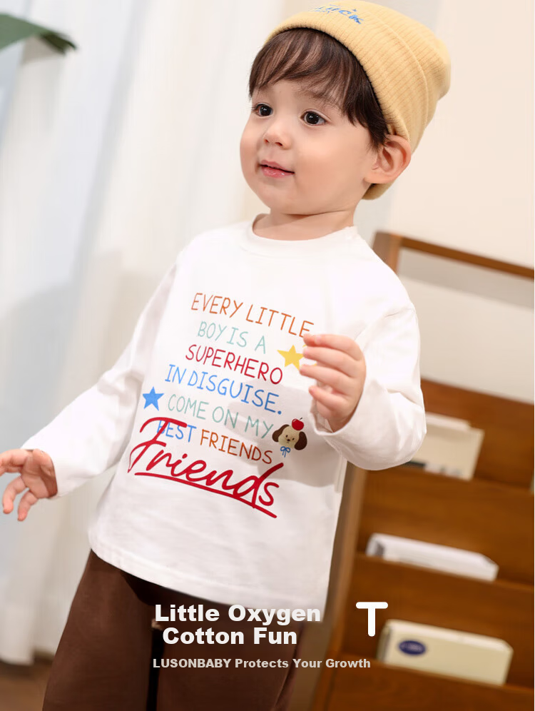 LUSON Little O Dad Boys' Baby Long Sleeve T-Shirt Spring Autumn 2025 New White Letter Cute Infant Top 1